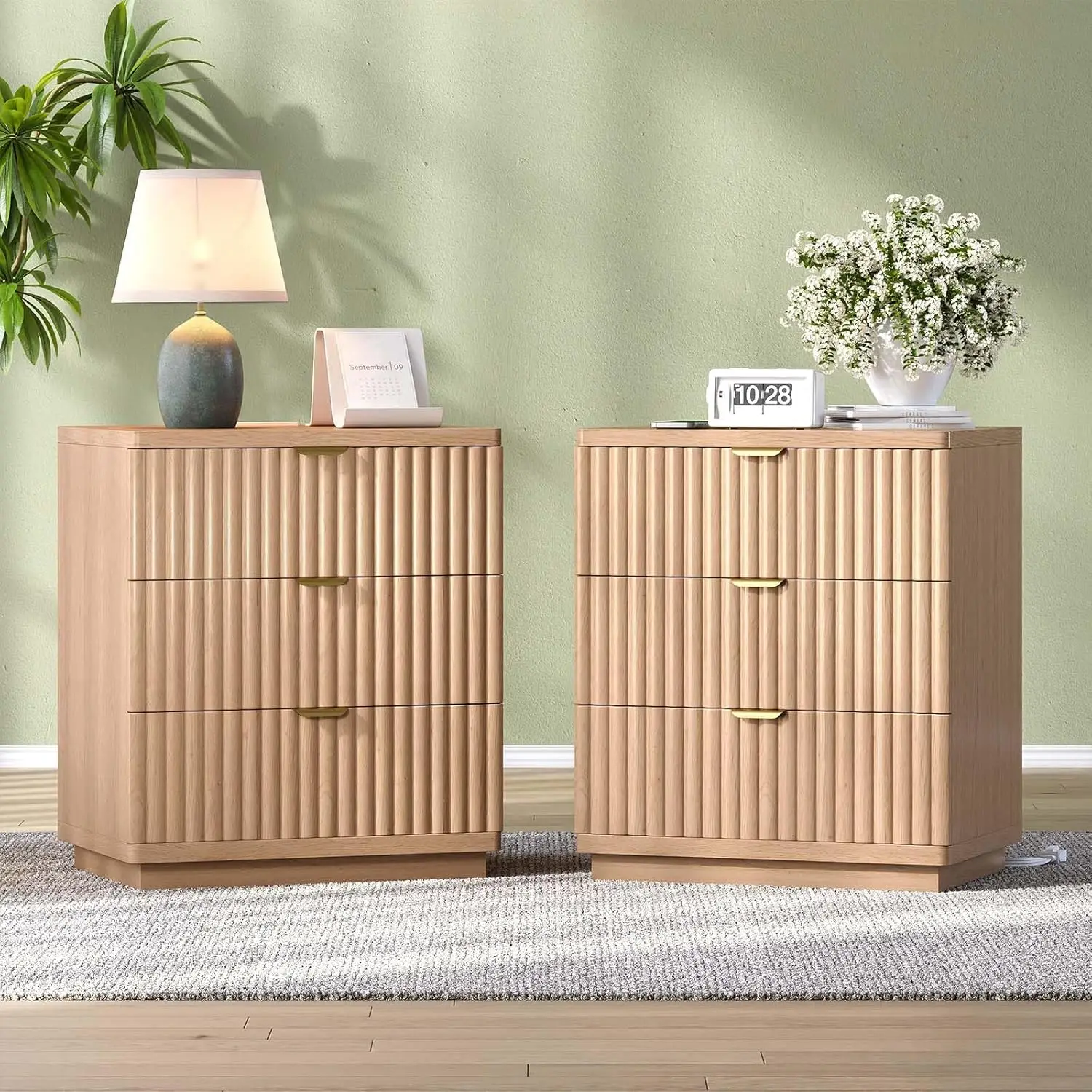 Nightstands Set of 2, Fluted Nightstand with Charging Station and 3 Drawer Storage, Large Modern Bedside Table,, Customized - Image 7