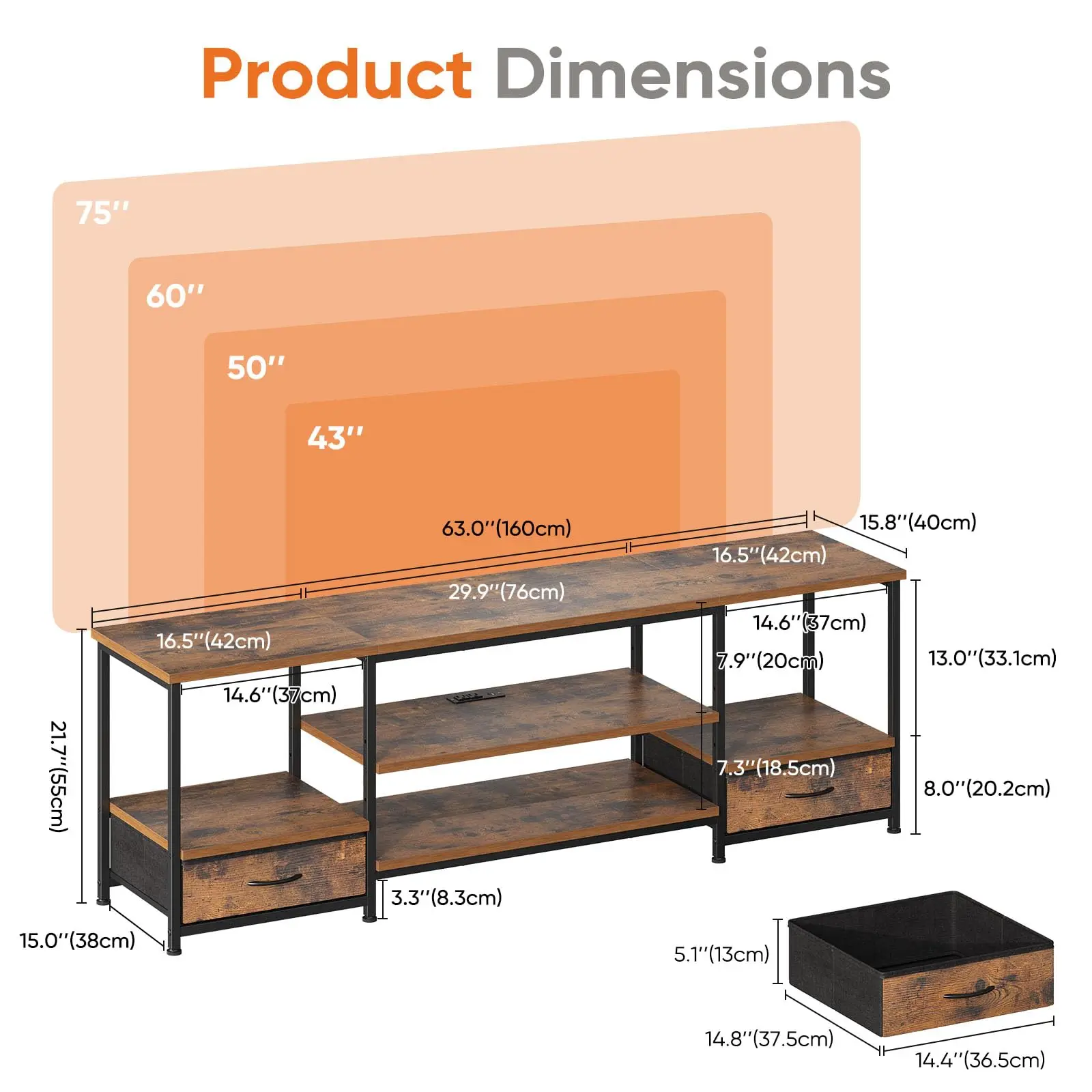 JHK 63IN Wooden Tv Stand For Up To 75 Inch TV Entertainment Center For Living Room Media Console Adjustable Shelf 2 Storage - Image 3