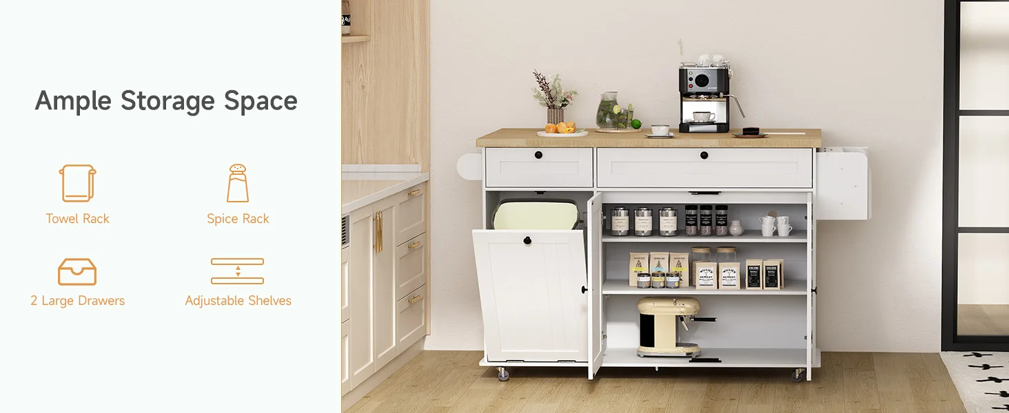 60" Mobile Kitchen Islands Rolling Trolleys Kitchen Island Table Drop Leaf Home Carts with Power Outlet Spice Towel Rack Trash - Image 10